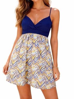Vintage BCBG Sweetheart Mini Dress M Blue Chevron Spaghetti Straps SZ M